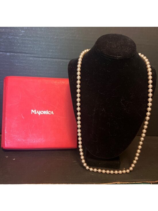 Majorica Jewelry - Majorica Simulated Pearl Necklace 30-Inch Strand Silver  Pearls & Red Box VTG